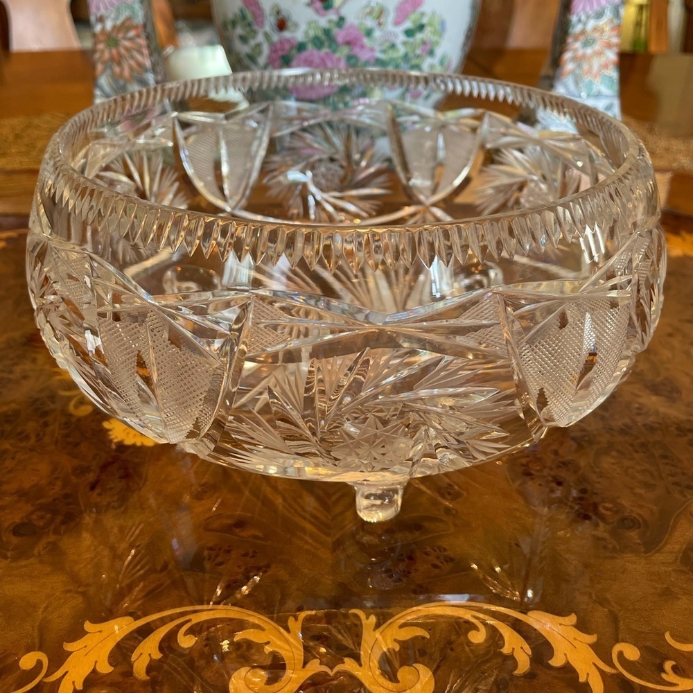Vintage European Cut Glass Crystal Heavy Footed Centerpiece Bowl, Pinwheel Star